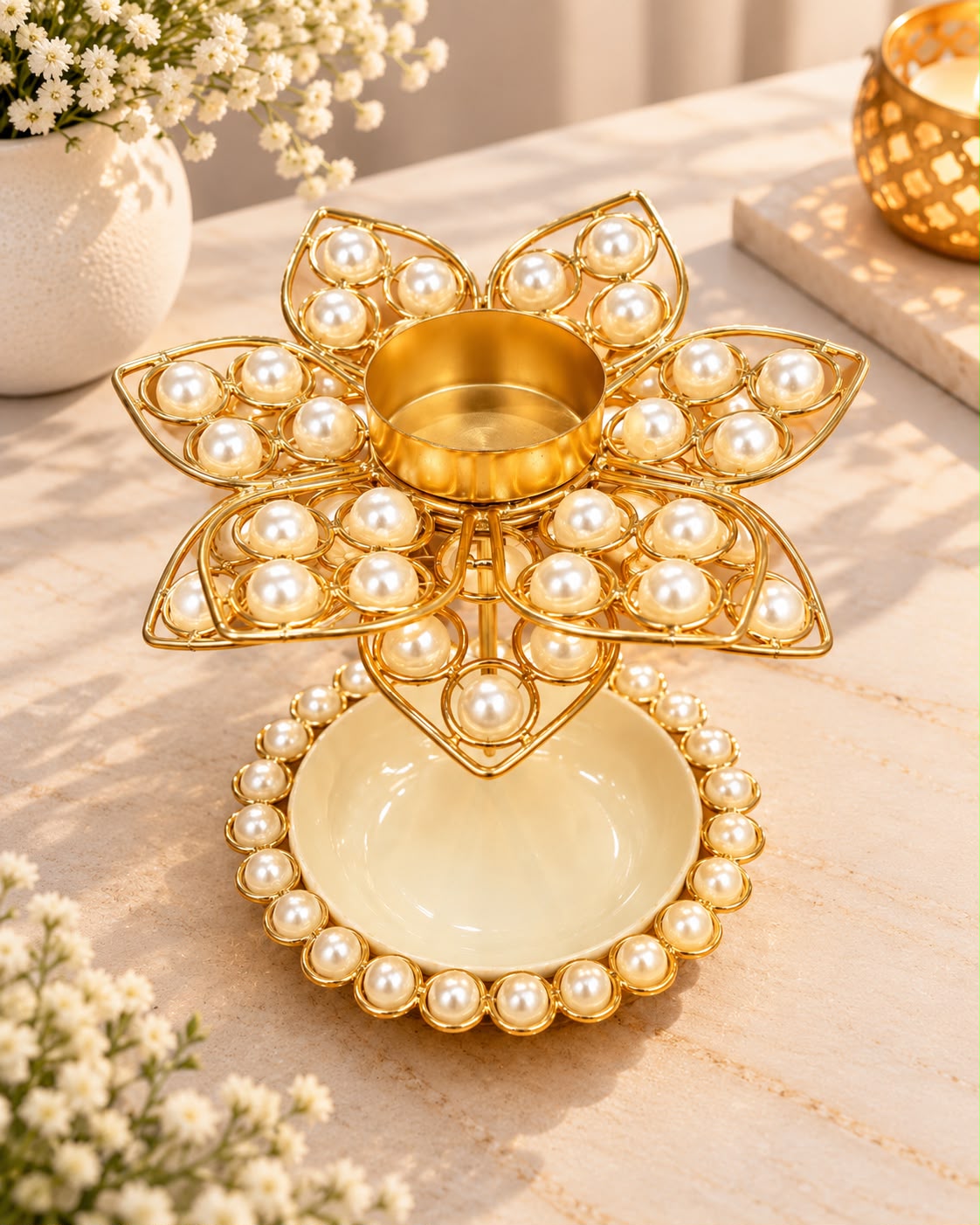 2-Tier Gold Pearl Lotus Tealight Urli – Diya & Urli Stand