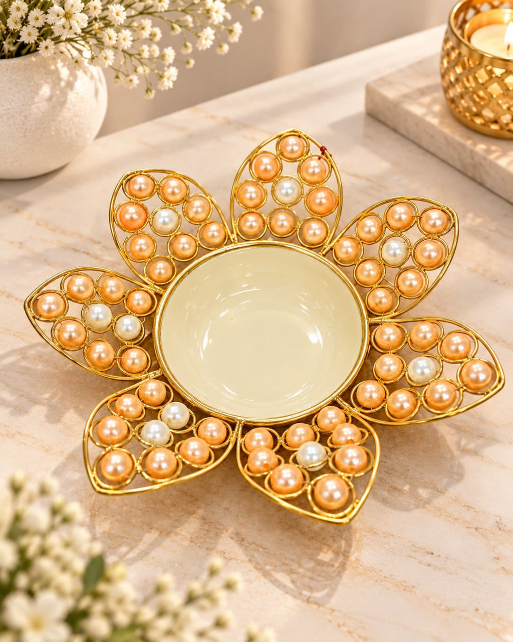 Gold Pearl Flower Urli Bowl – Decorative Floating Flower Bowl