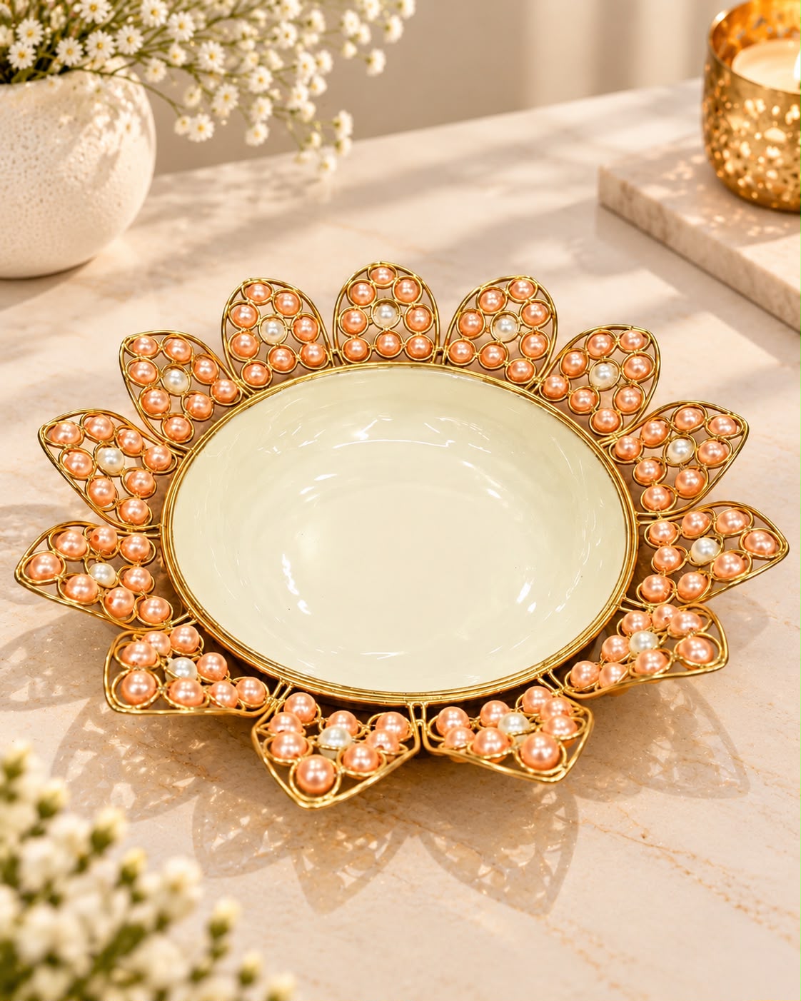 Large Gold Pearl Sunburst Urli Bowl – 13 Inch Decorative Urli
