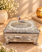 Silver Peacock Square Jewellery Box – Velvet-Lined with Hinged Lid