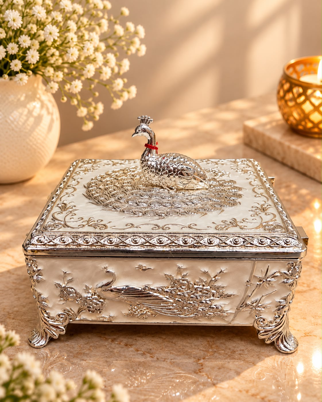 Silver Peacock Square Jewellery Box – Velvet-Lined with Hinged Lid