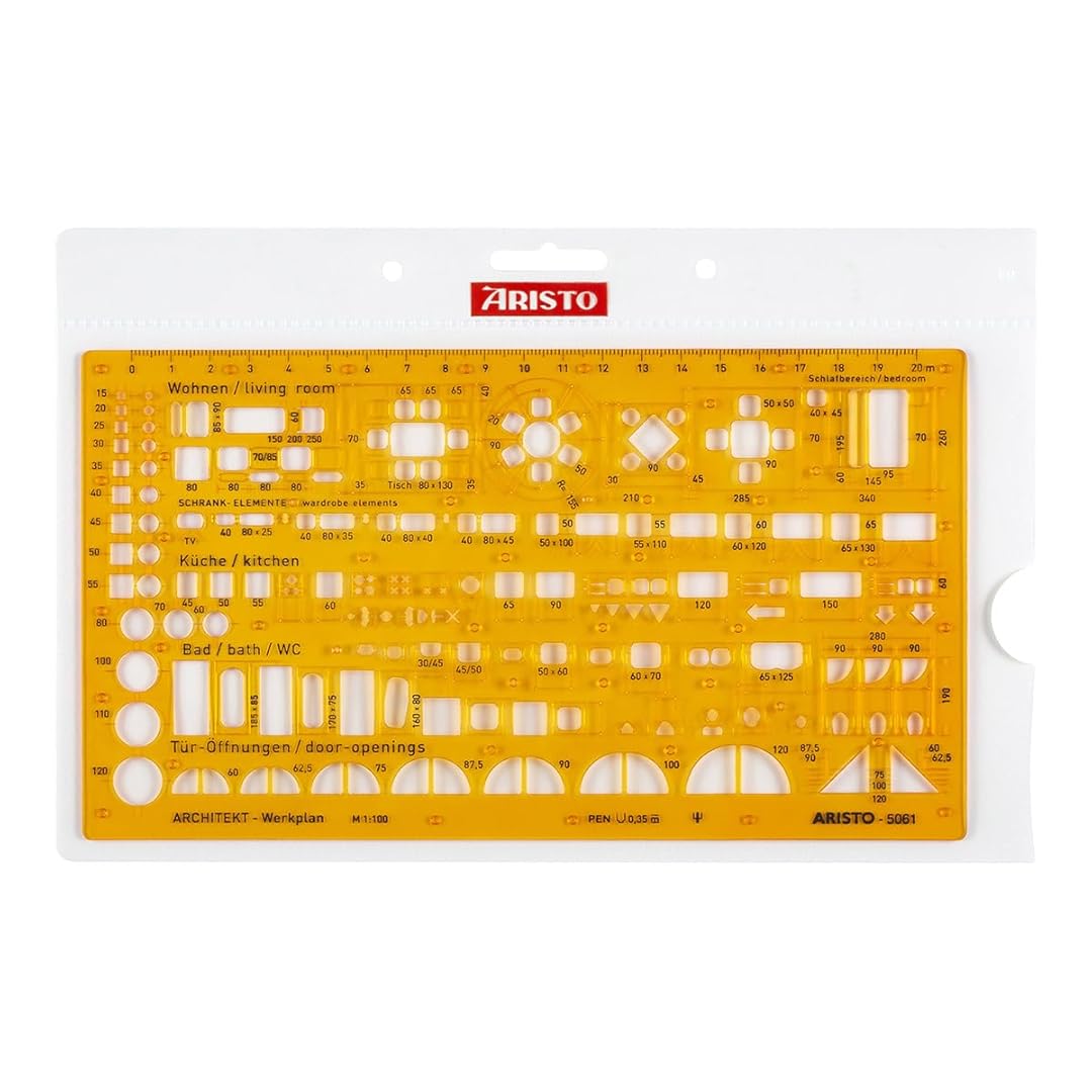 Aristo | Architecture Combination | Stencil 2 1:100 Symbols | Nubs Dimensionally Stable | Orange-Transparent PET Plastic