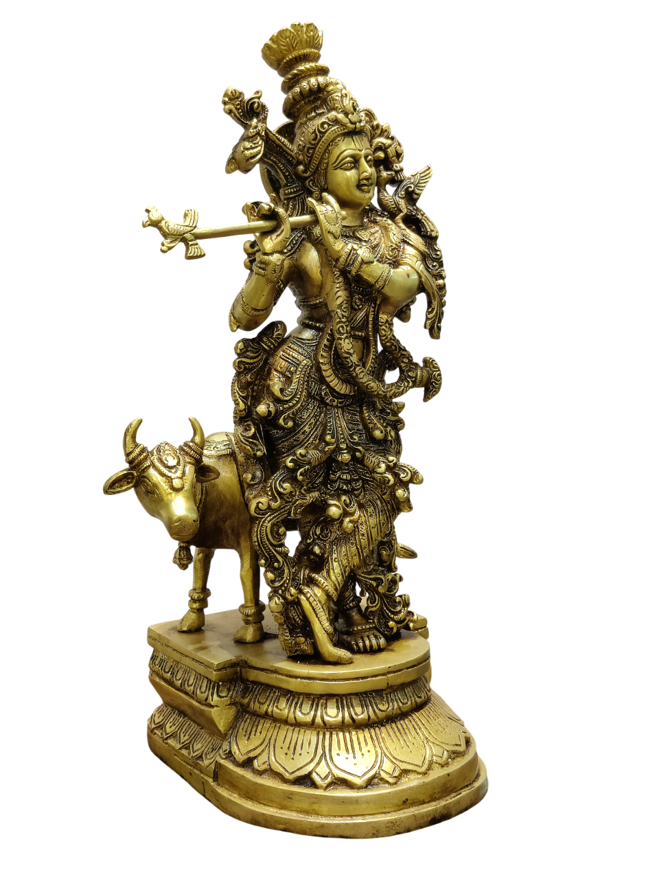 Divine Lord Krishna Playing Flute with Cow – Premium Decorative Brass Murti