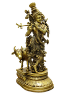 Divine Lord Krishna Playing Flute with Cow – Premium Decorative Brass Murti