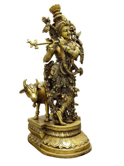 Divine Lord Krishna Playing Flute with Cow – Premium Decorative Brass Murti