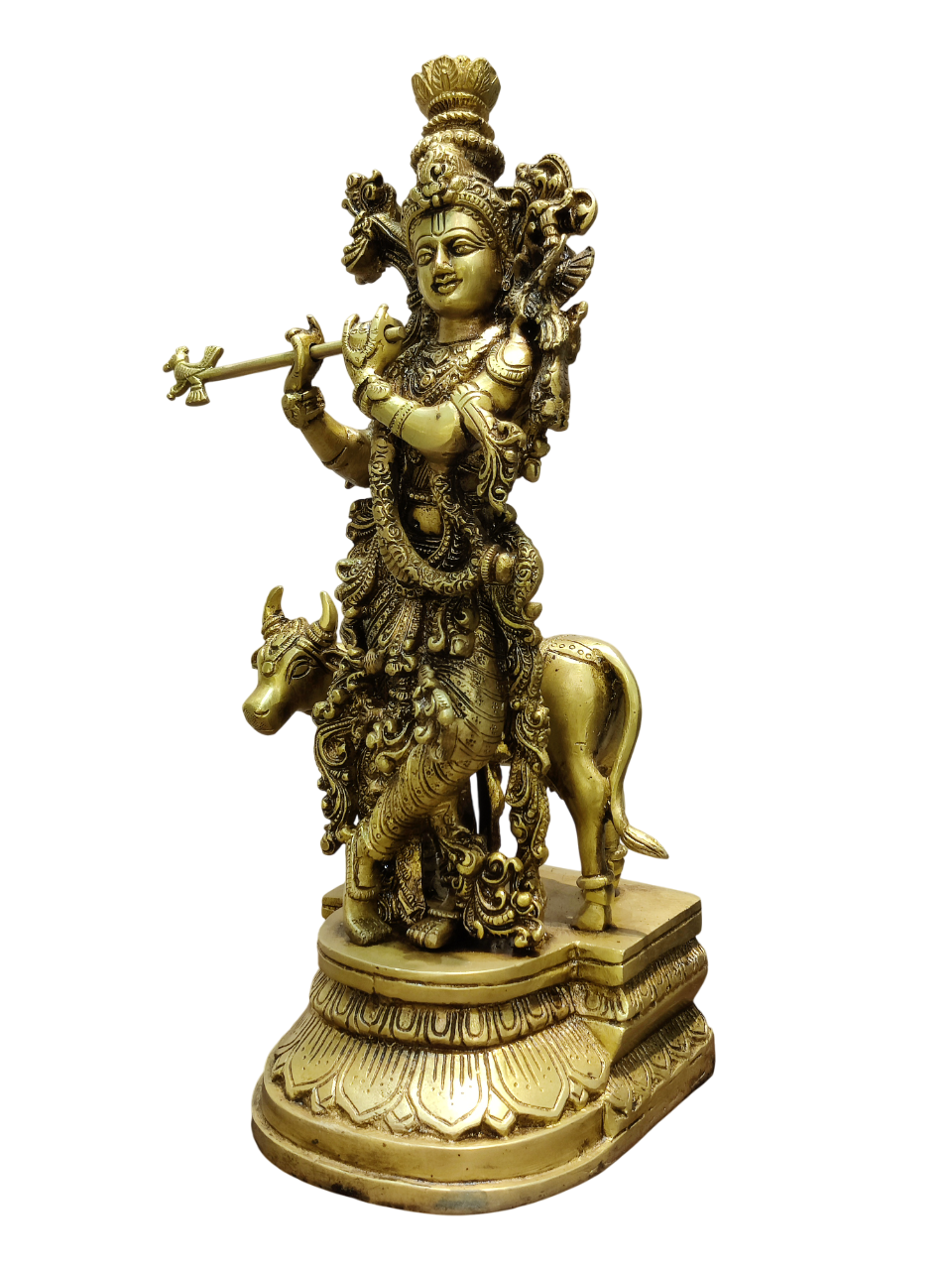 Divine Lord Krishna Playing Flute with Cow – Premium Decorative Brass Murti