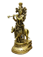 Divine Lord Krishna Playing Flute with Cow – Premium Decorative Brass Murti