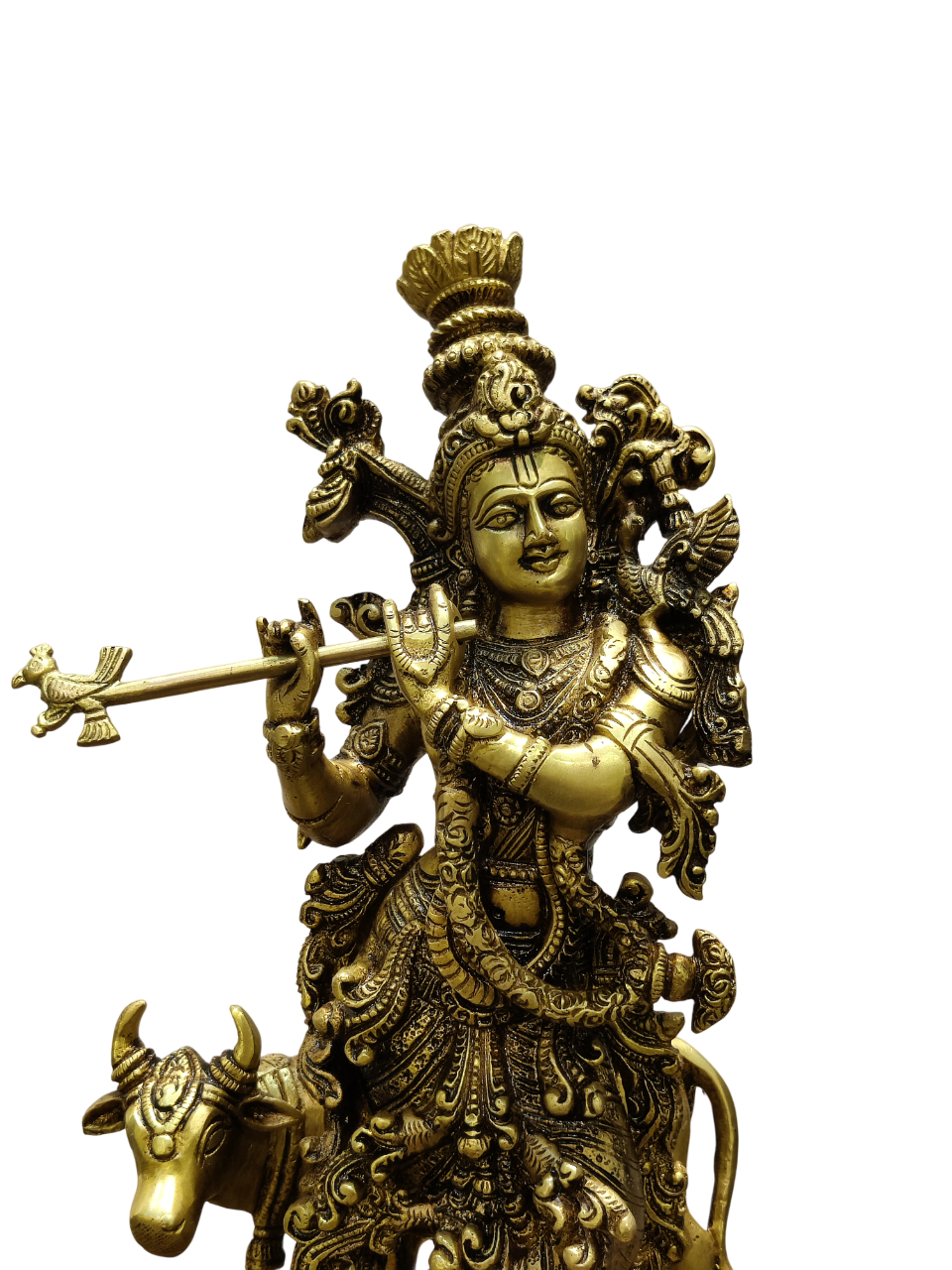 Divine Lord Krishna Playing Flute with Cow – Premium Decorative Brass Murti