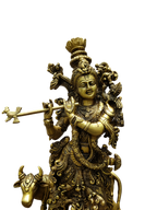 Divine Lord Krishna Playing Flute with Cow – Premium Decorative Brass Murti