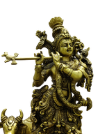 Divine Lord Krishna Playing Flute with Cow – Premium Decorative Brass Murti