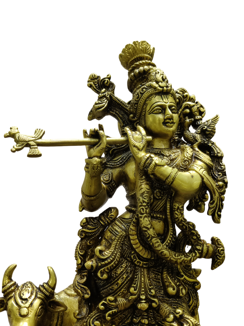 Divine Lord Krishna Playing Flute with Cow – Premium Decorative Brass Murti