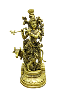 Divine Lord Krishna Playing Flute with Cow – Premium Decorative Brass Murti