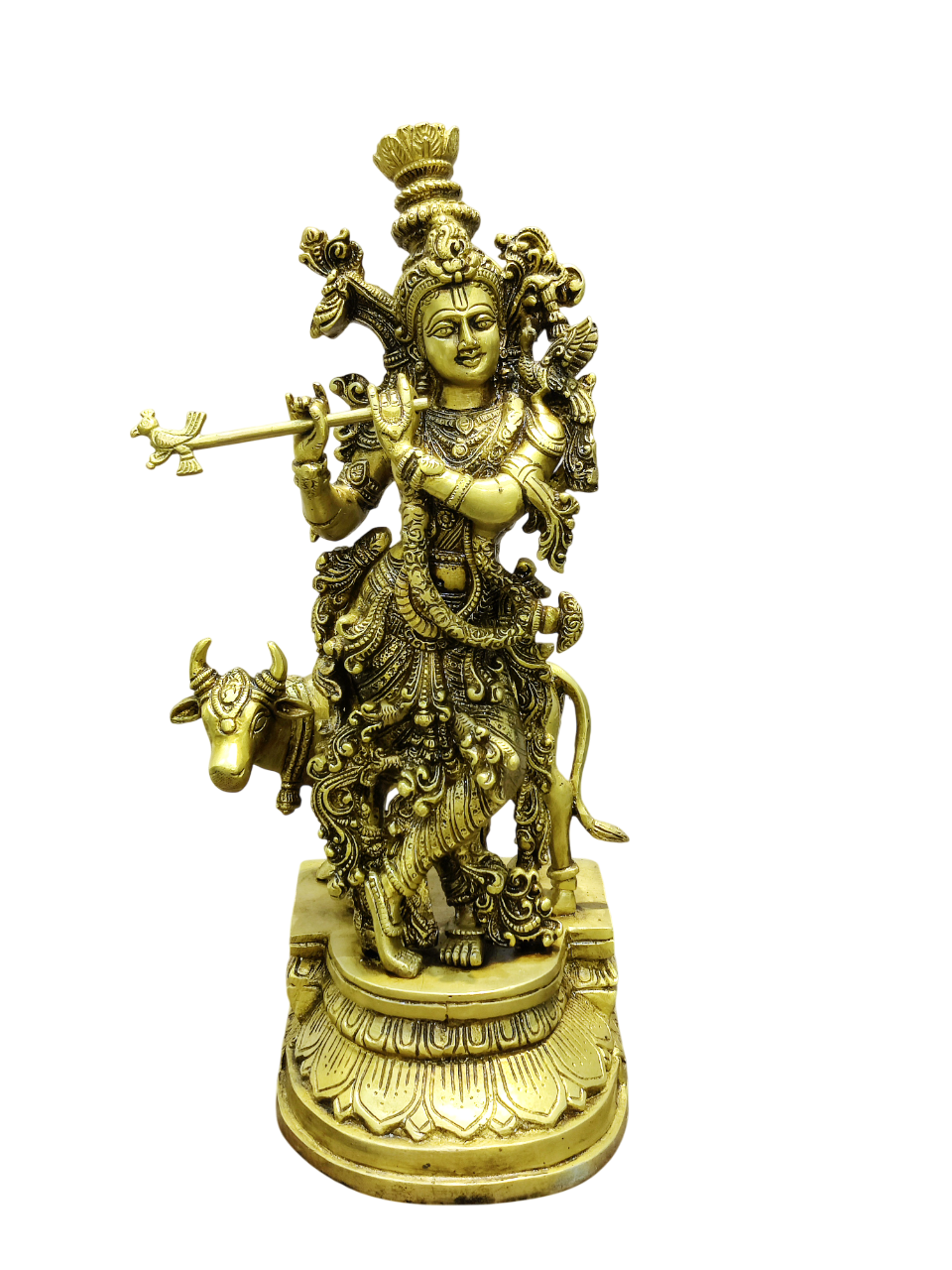 Divine Lord Krishna Playing Flute with Cow – Premium Decorative Brass Murti