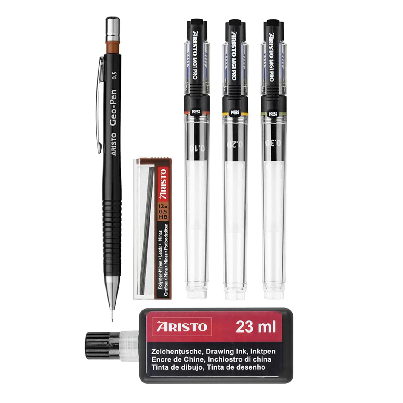 Aristo MG1 Technical Drawing Pen Set (0.1mm, 0.2mm, 0.3mm) with 0.5mm Geo-Pen