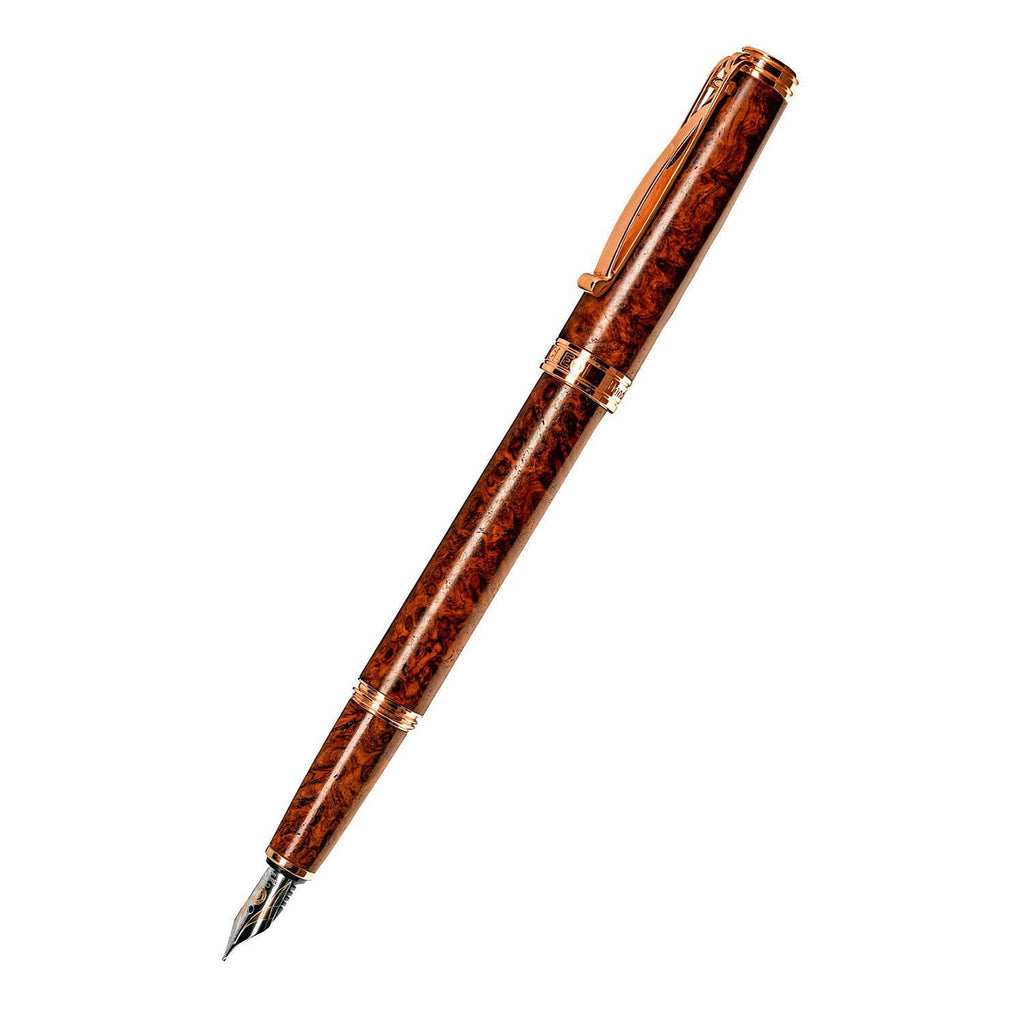 Cleo Skribent | Natura | Fountain Ink Pen with Ink Pot | 18K Gold Bicolour Nib | Amboyna Burl Body of Hardwood | Rose Gold-Plated Trims
