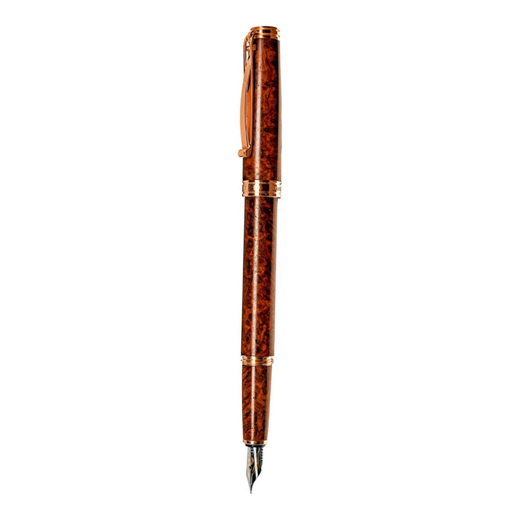 Cleo Skribent | Natura | Fountain Ink Pen with Ink Pot | 18K Gold Bicolour Nib | Amboyna Burl Body of Hardwood | Rose Gold-Plated Trims