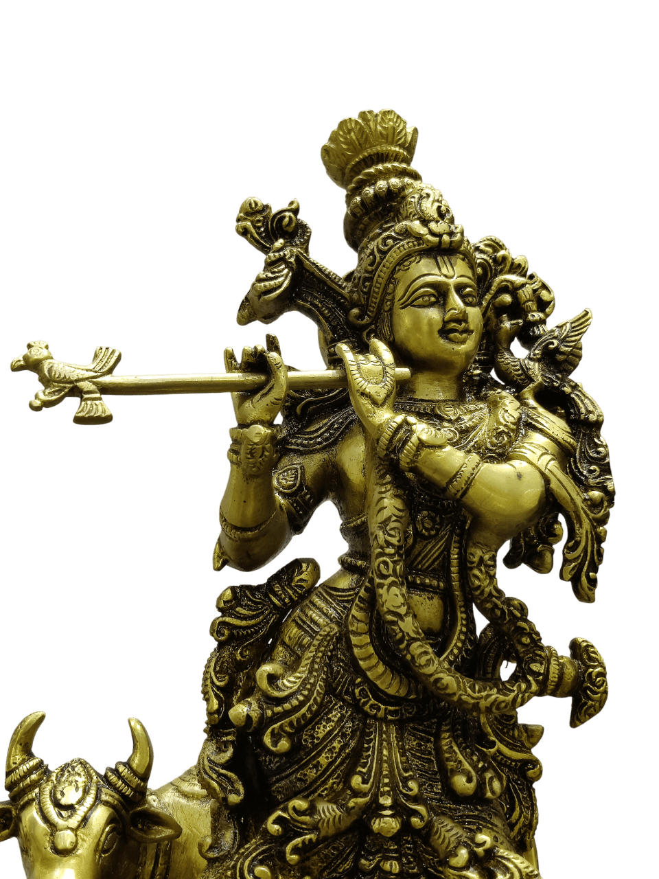 Divine Lord Krishna Playing Flute with Cow – Premium Decorative Brass Murti - Satyam Collection