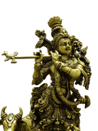 Divine Lord Krishna Playing Flute with Cow – Premium Decorative Brass Murti - Satyam Collection