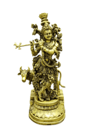Divine Lord Krishna Playing Flute with Cow – Premium Decorative Brass Murti - Satyam Collection