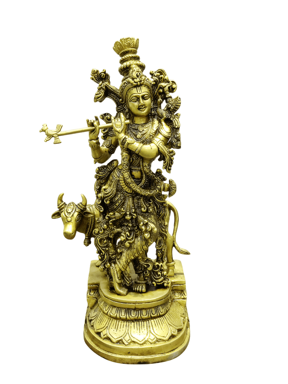 Divine Lord Krishna Playing Flute with Cow – Premium Decorative Brass Murti - Satyam Collection