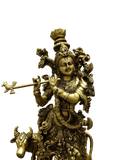 Divine Lord Krishna Playing Flute with Cow – Premium Decorative Brass Murti - Satyam Collection