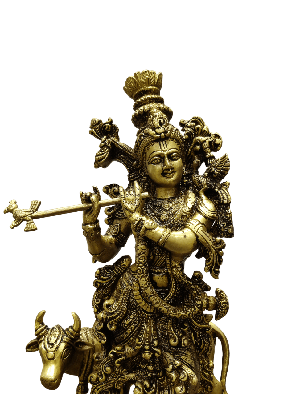 Divine Lord Krishna Playing Flute with Cow – Premium Decorative Brass Murti - Satyam Collection