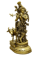 Divine Lord Krishna Playing Flute with Cow – Premium Decorative Brass Murti - Satyam Collection