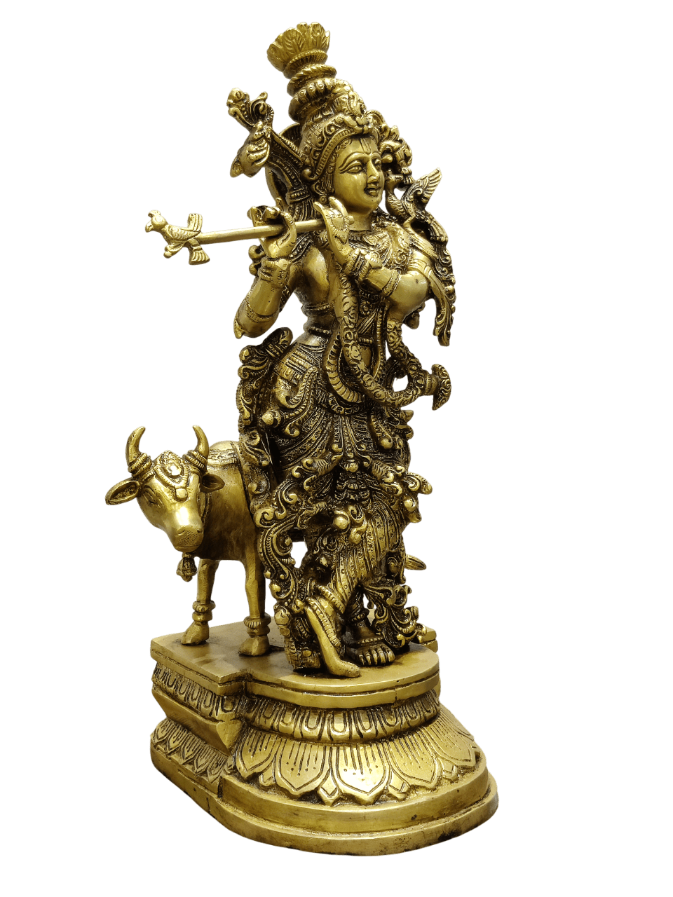 Divine Lord Krishna Playing Flute with Cow – Premium Decorative Brass Murti - Satyam Collection