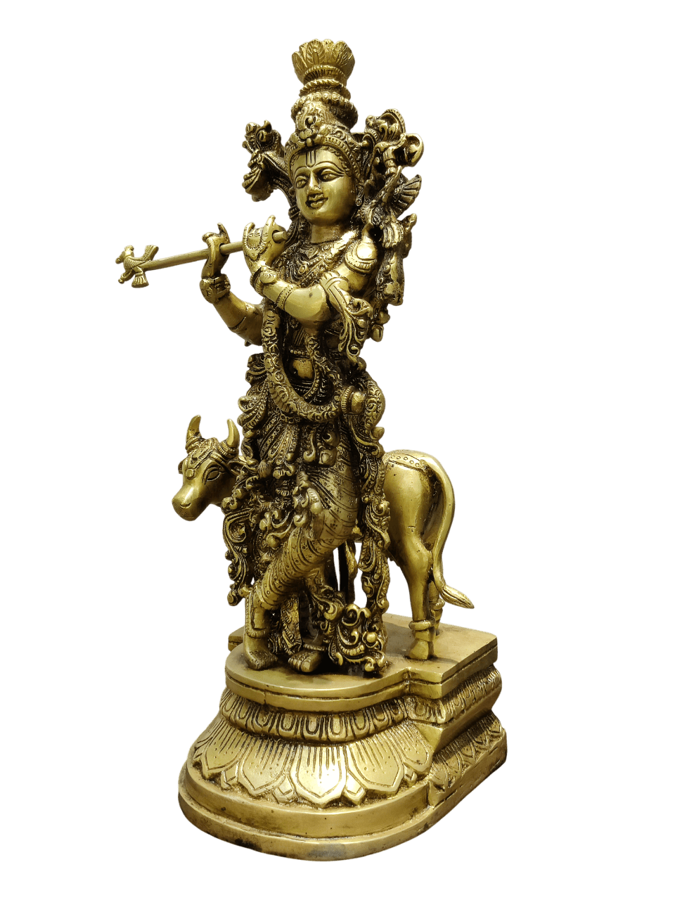 Divine Lord Krishna Playing Flute with Cow – Premium Decorative Brass Murti - Satyam Collection