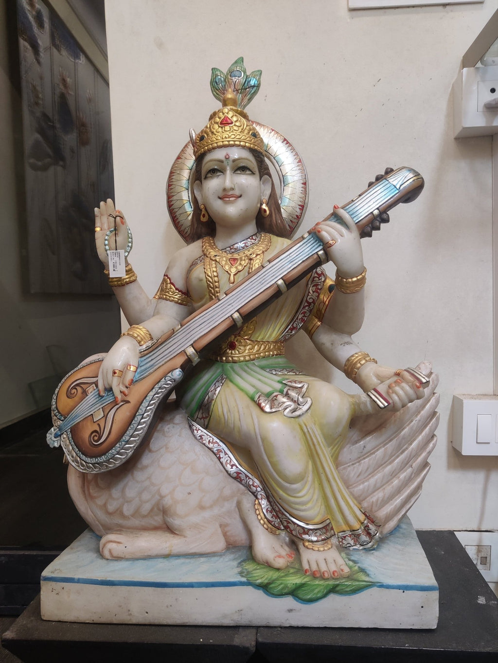 Divine Saraswati Marble Idol – Goddess of Knowledge & Wisdom - Satyam Collection