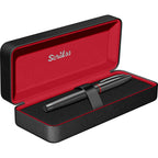 Scrikss Noble 35 Medium Nib Fountain Pen in Matte Black in a black and red case on a white background