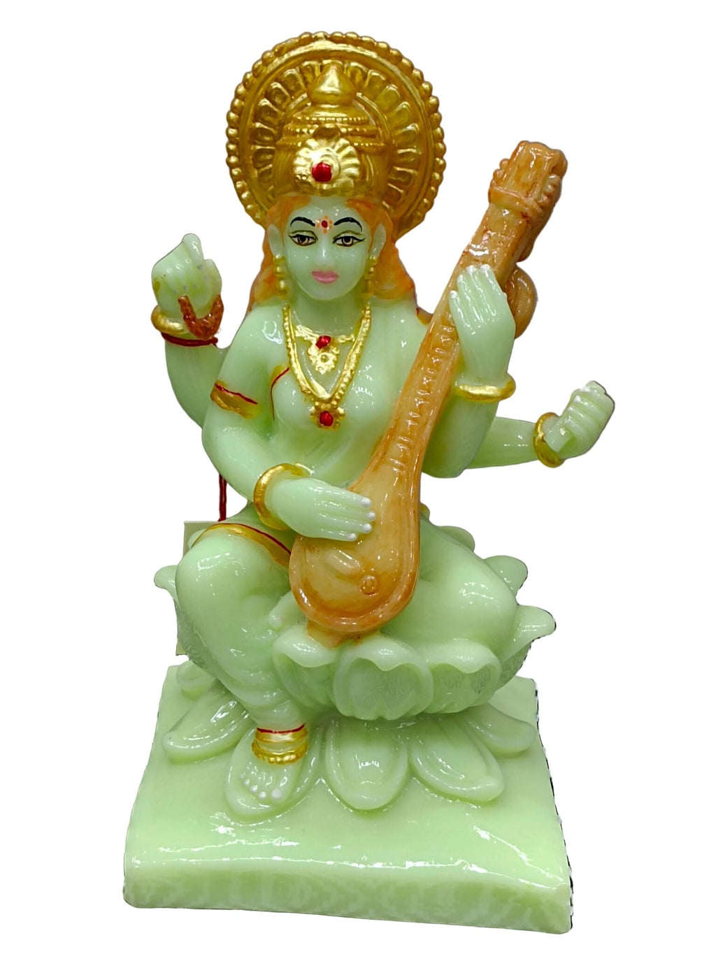 Goddess Saraswati on Lotus with Veena – Green Fiber Statue - Satyam Collection