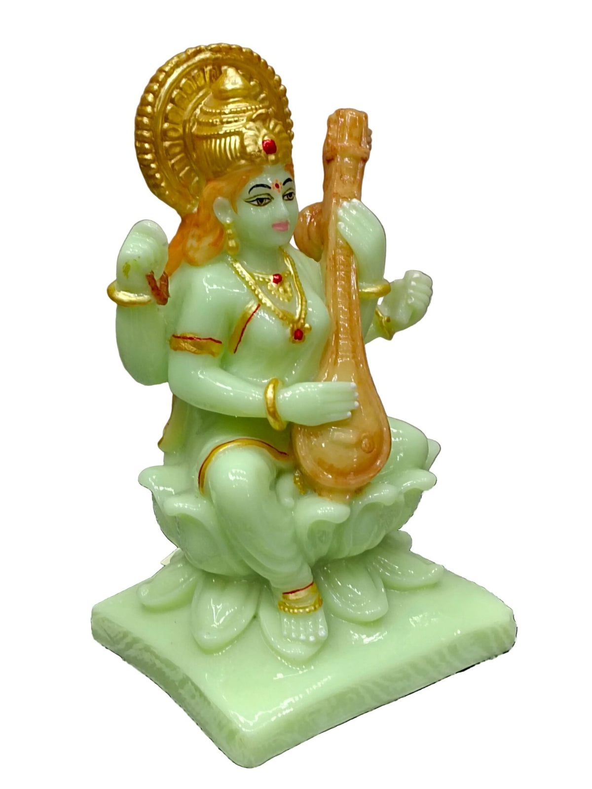Goddess Saraswati on Lotus with Veena – Green Fiber Statue - Satyam Collection