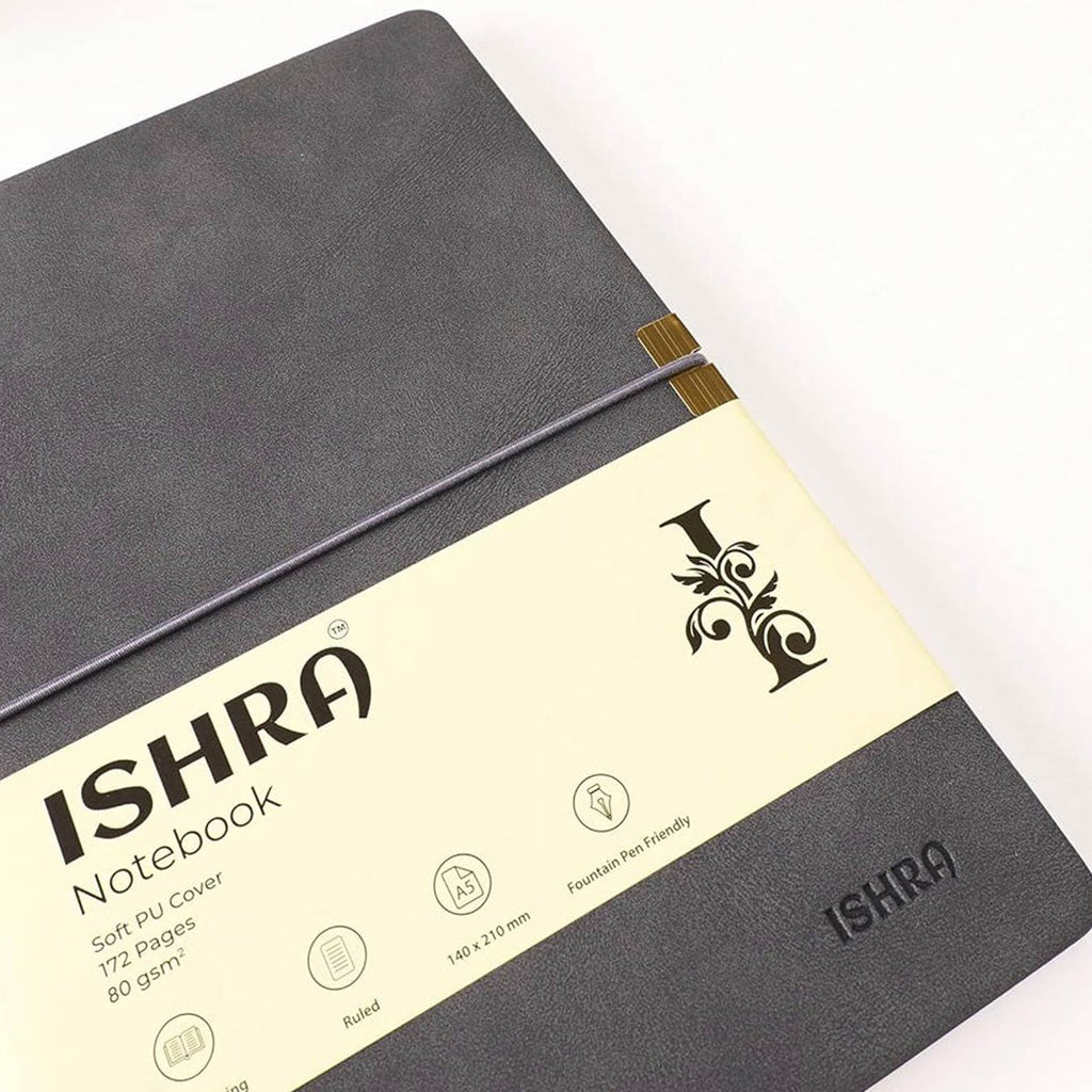ISHRA A5 Size Ruled Notebook | Ideal Note Book Journal Diary for Work Office Writing Journaling Note Taking Travel | Dark Grey Soft Cover| 172 Pages | 80gsm | Fountain Pen Friendly Paper