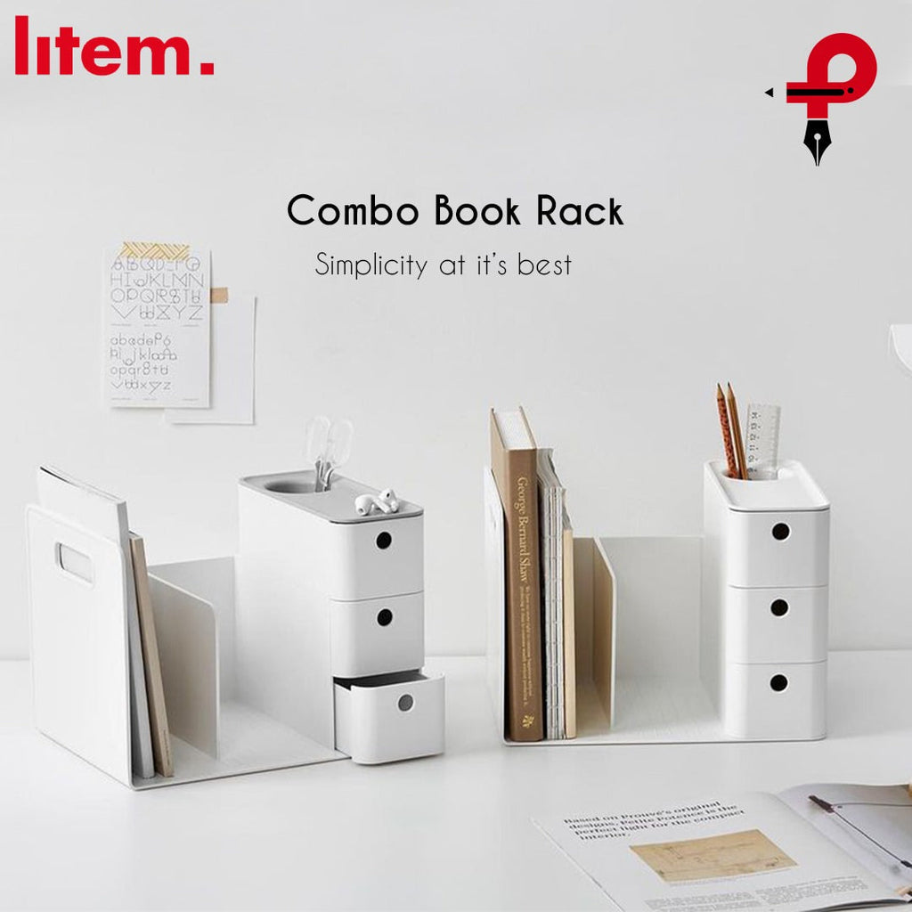 Litem | Combo Book Rack with 3 Drawers| 2 Bookshelf| 1 Pen Stand | Cool Grey