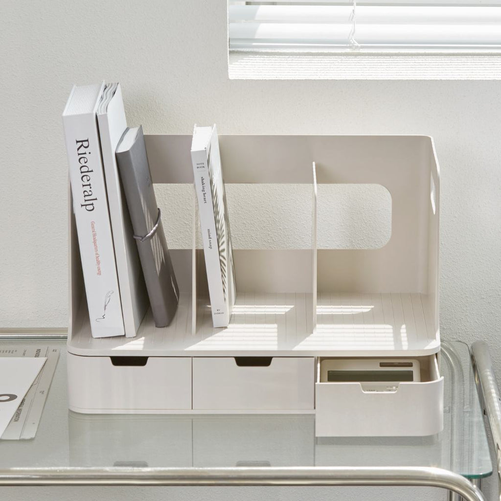 Sysmax | Olio Book Rack with 3 Compartments | 3  Drawers | Organiser| Beige
