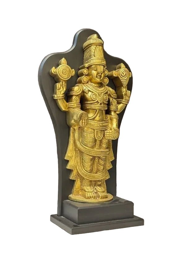 Lord Vishnu Brass Idol with Black Frame – Standing Shankha Chakra Statue - Satyam Collection