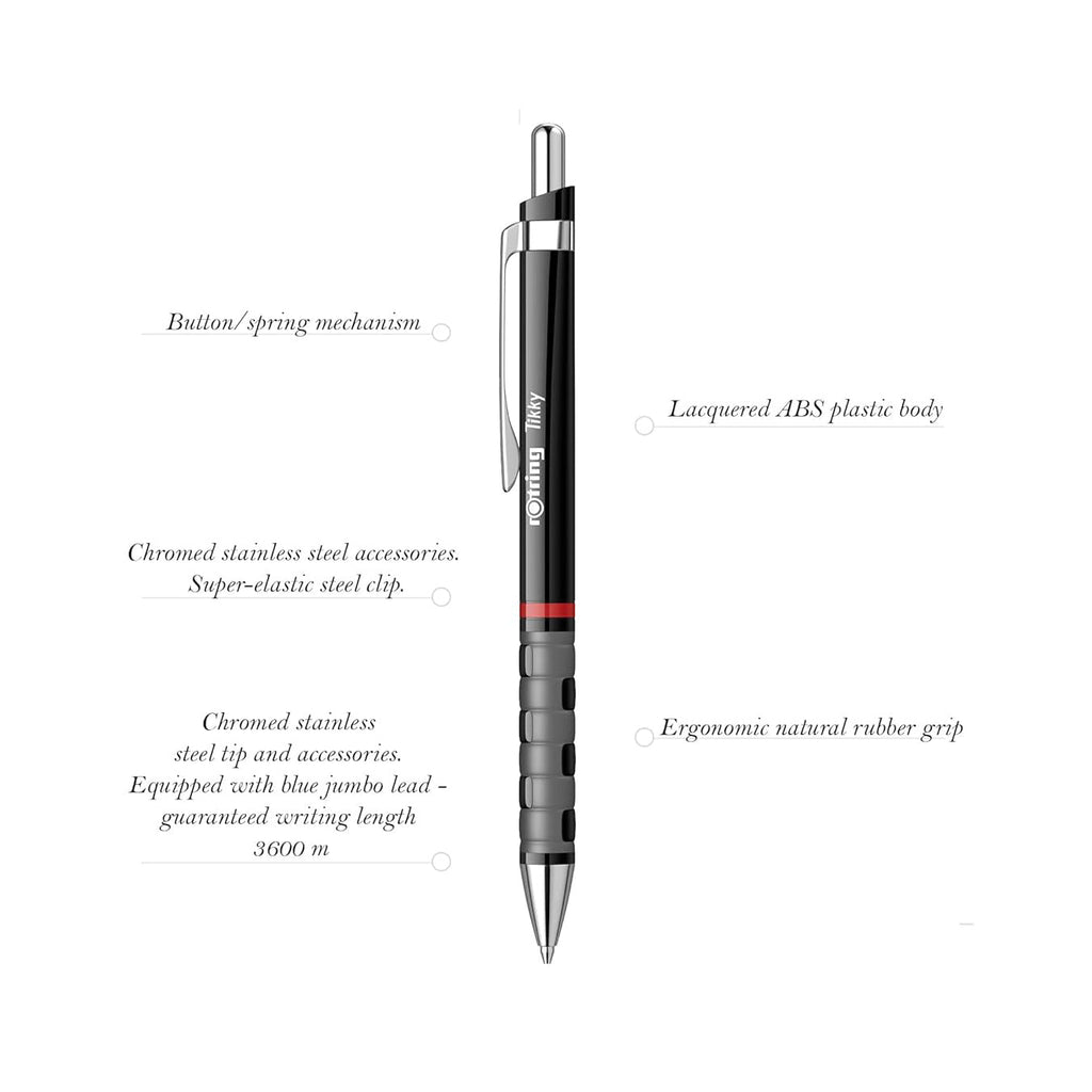 Rotring Ball Point Pen 1.0mm in Black with labeled features on a white background