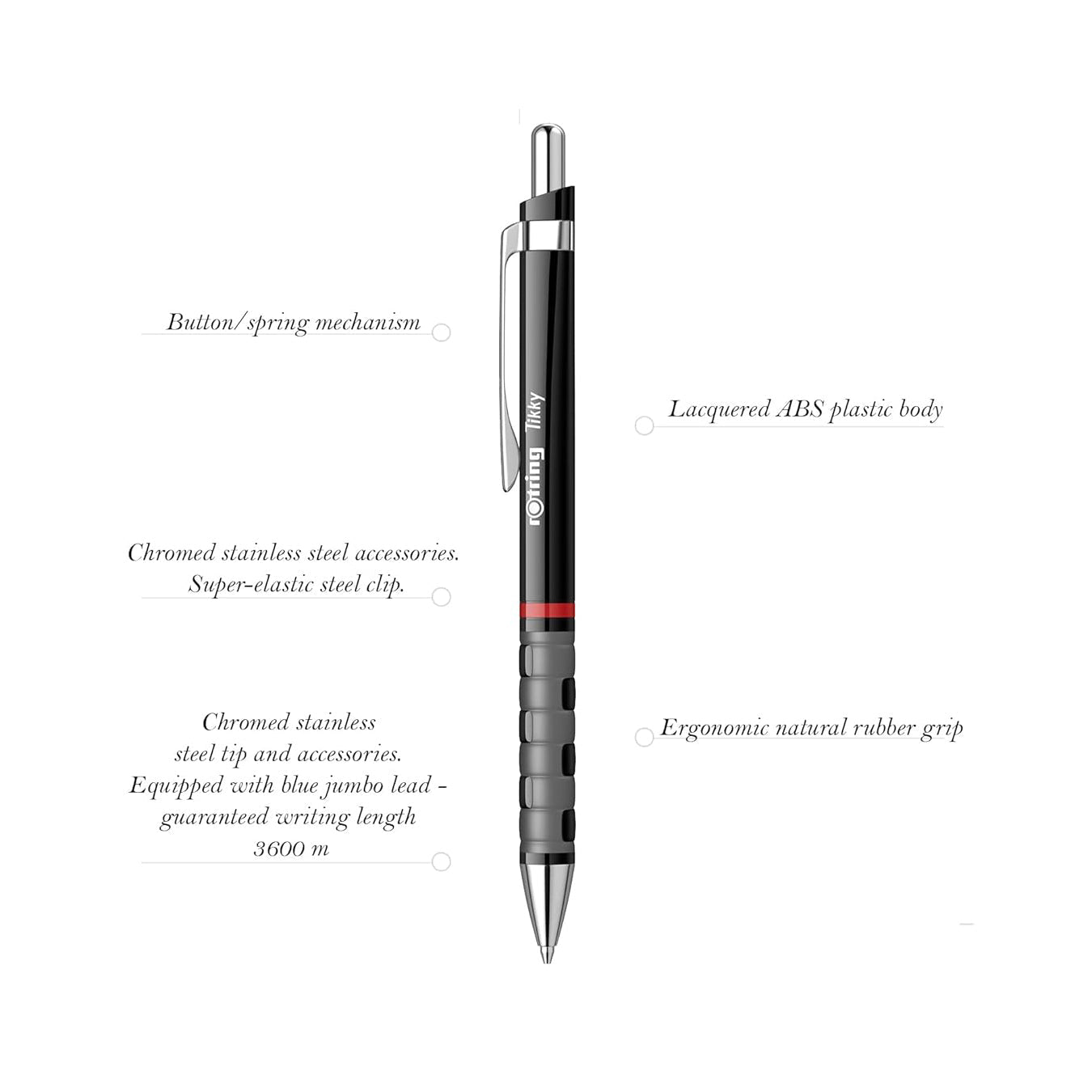 Rotring Ball Point Pen 1.0mm in Black with labeled features on a white background