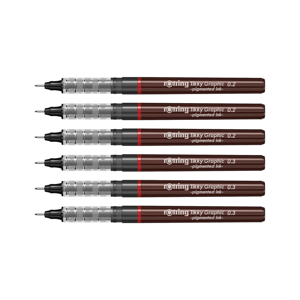 Set of six Rotring Tikky Graphic 0.2 and 0.3 pens on a white background