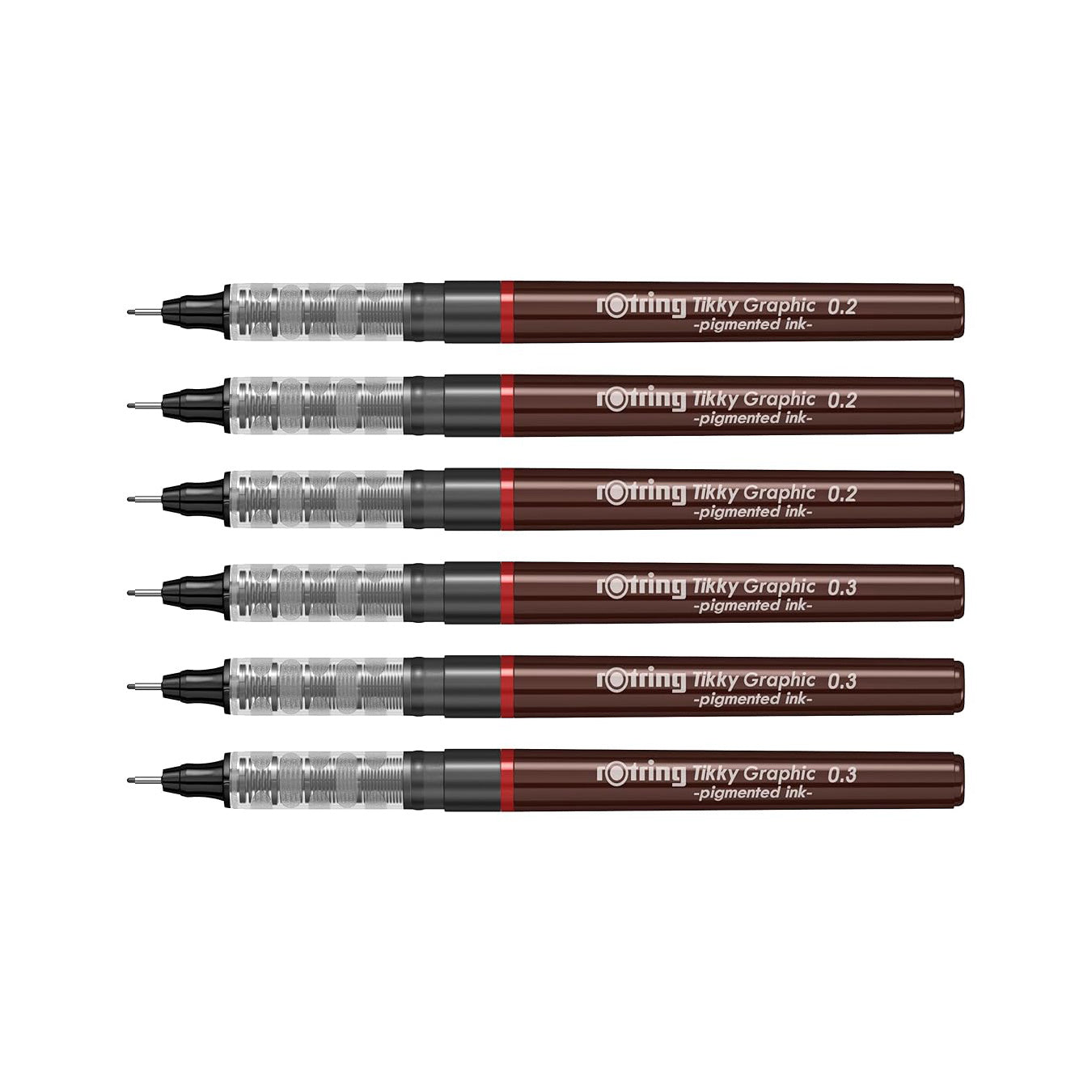 Set of six Rotring Tikky Graphic 0.2 and 0.3 pens on a white background