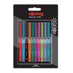 Pack of colorful Rotring fineliner pens in packaging with brand logo.