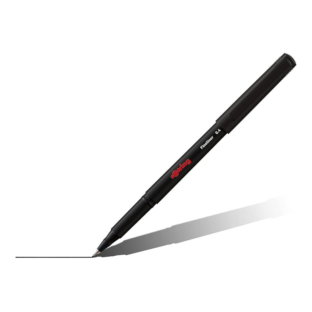 A black Rotring fineliner pen with a fine tip, cap, and a shadow projection on a light background.