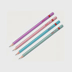 Rotring Woodcase HB Metallic Four colored pencils (purple, pink, blue, green) on a white background