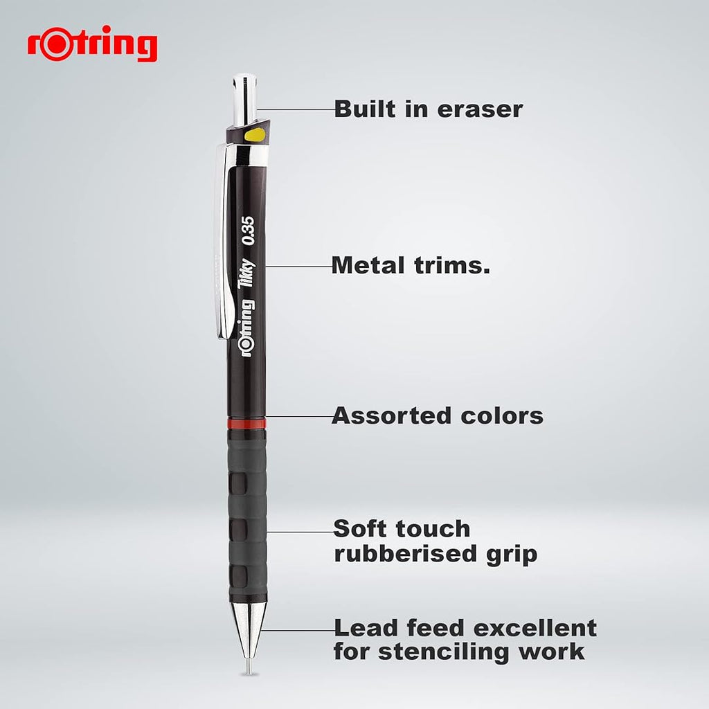 Rotring Tikky 0.35mm Mechanical Pencil in Black with all the details of pens on a white background
