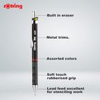 Rotring Tikky 0.35mm Mechanical Pencil in Black with all the details of pens on a white background