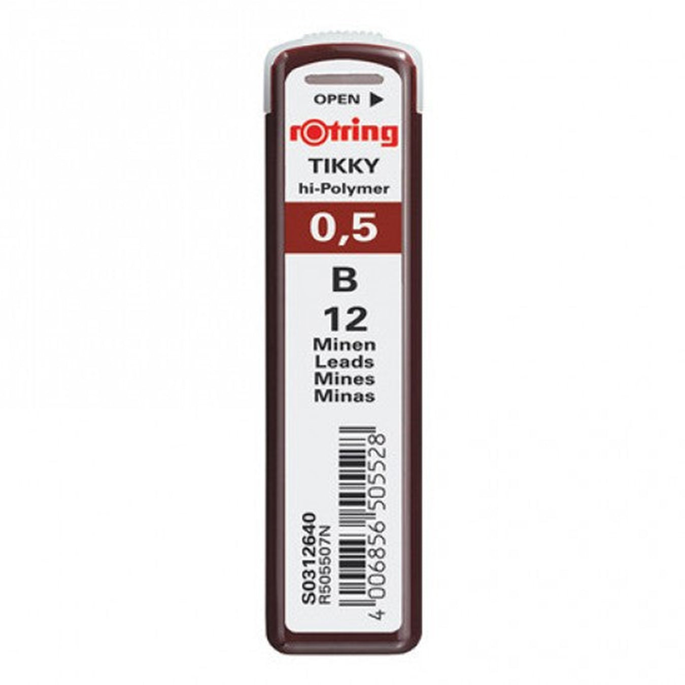Rotring Tikky 0.5mm B hi-Polymer lead container on a white background
