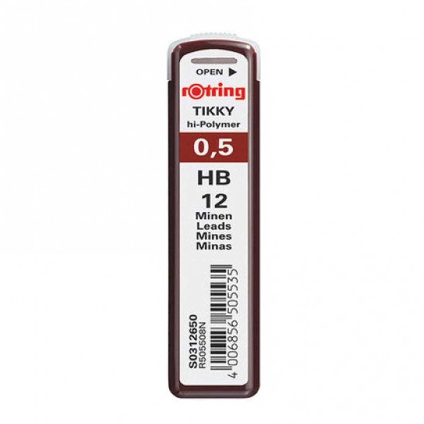 Rotring Tikky 0.5mm HB hi-Polymer lead container with 12 leads on a white background