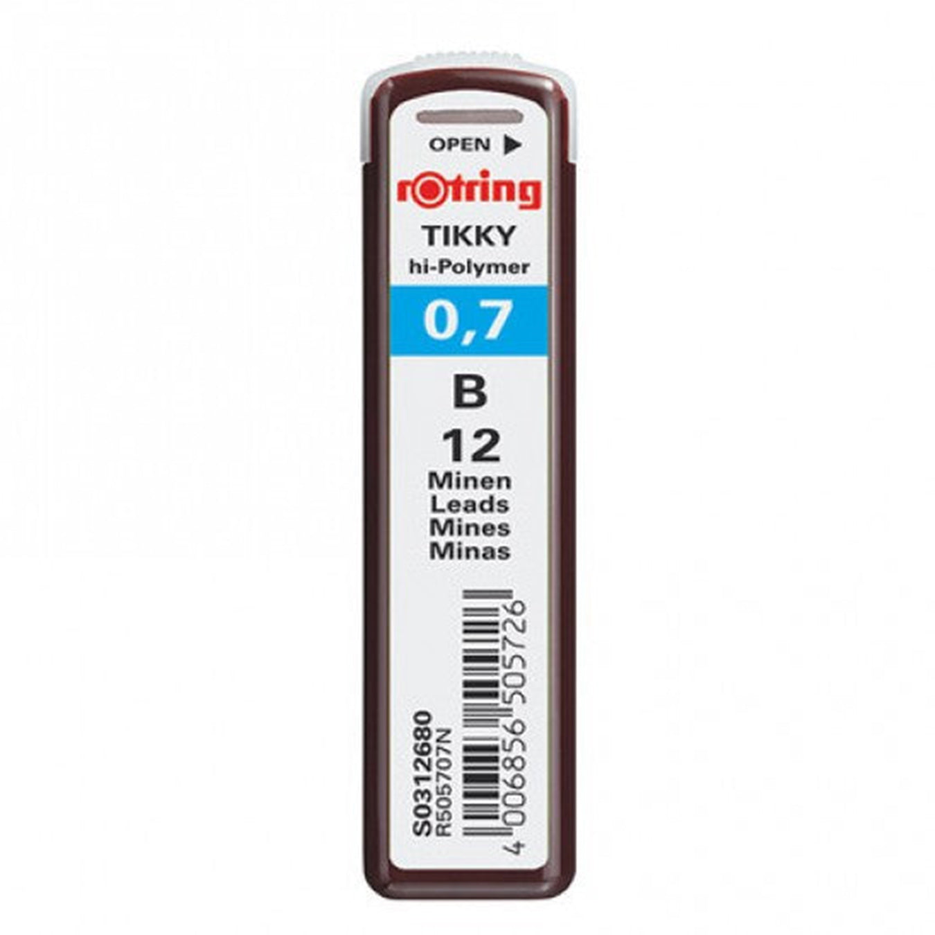 Rotring Tikky 0.7mm b lead container with 12 leads on a white background
