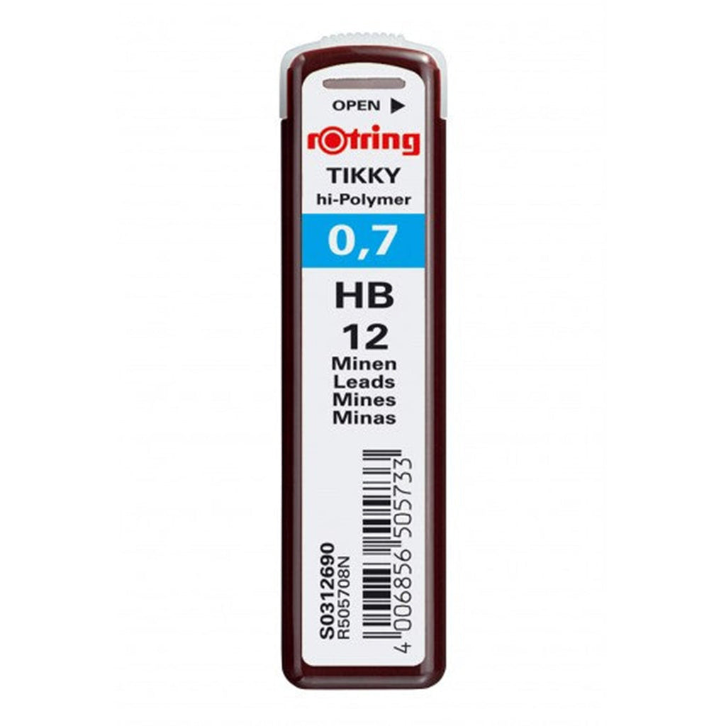 Rotring Tikky hi-Polymer lead container with 12 HB leads on a white background